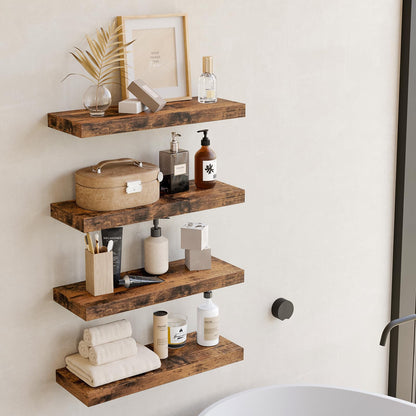 Fixwal Wood Floating Shelves, Wall Shelves Set of 4, Shelves for Wall Decor, with Invisible Brackets for Bathroom, Living Room,Bedroom and Kitchen(Rustic Brown)