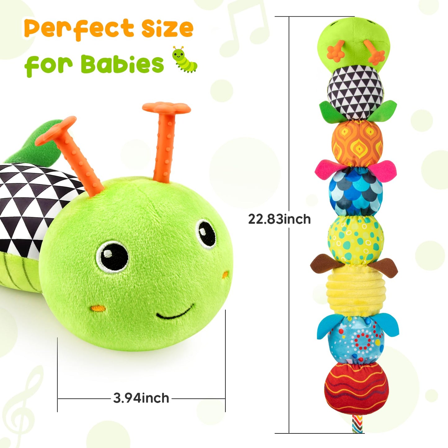 Baby Toys Musical Caterpillar, Infant Stuffed Animal for 0-6 6-12 Months with Crinkle and Rattles, Tummy Time Sensory Toys Newborn Boys Girls Gifts 0 3 6 9 12 Months - Green