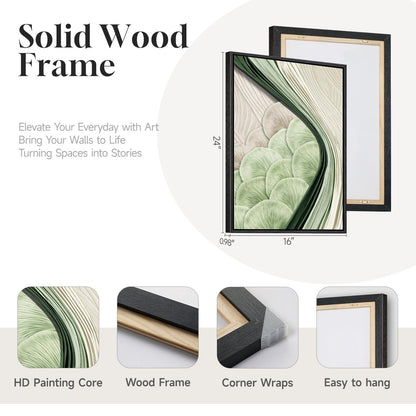 Framed Green Abstract Wall Art Bedroom, 3 Piece Botanical Modern Minimalist Canvas Print Artwork for Walls, Leaf Paintings Pictures for Small Living Room Dining Room Office Wall Art Decor, 16x24 Inch