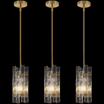 Modern Crystal Pendant Light for Kitchen Island, Gold Luxury Mini Water Ripple Glass Chandelier Lights Fixture, Modern square Adjustable Hanging Pendant Lighting for Dining Room Bedroom (3-Pack)
