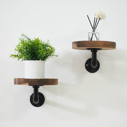 Un-OPENED BOX Round Wooden Floating Shelves Wall Mounted (Set of 2). Made of Acacia Wood. Industrial Pipe Brackets. A Unique Rustic Pedestal for Plants and Ornaments. Diameter 7.1 inches.