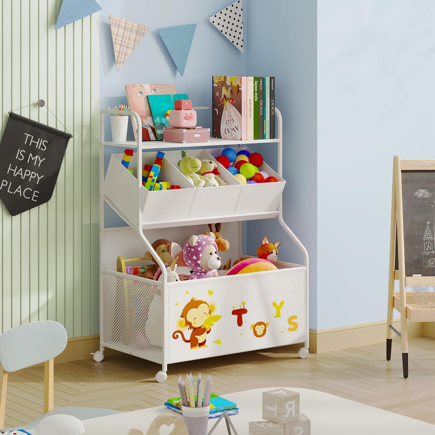 BBLIKE Toy Storage Organizer with Wheels - 3-Tier Kids Large Toy Box, Toy Chest Storage for Boys Girls Toddlers, Kids Bookshelf with 3 Fabric Toy Boxes for Playroom, White