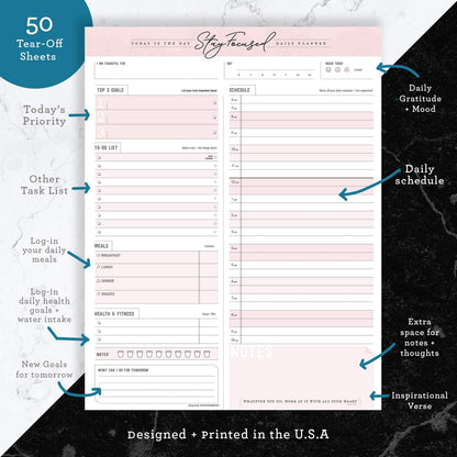 Daily Notepad Planner To Do Schedule - Stay Focused 50 Tear off Premium Made USA (Rose Pink)