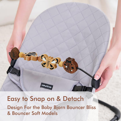 iGRATENS Baby Bjorn Bouncer Toy Bar - Toy Bar for Baby Bouncer Soft & Bliss, Easy to Attach and Remove, 360°Rotating Natural Wooden Toys, Exciting Design for Curious Babies, Insects Paradise