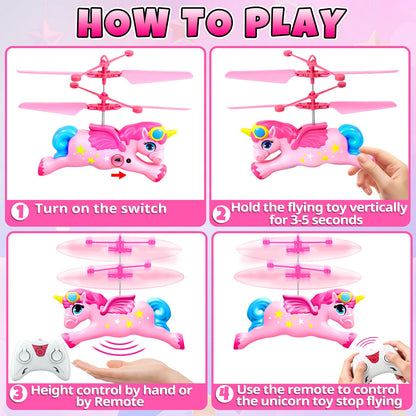 Ynanimery Flying Unicorn Flying Fairy Toys for Girls, Unicorn Toys for Girls Age 6 7 8 9 Teens Birthday, Magic Flying Ball Helicopter Drone Fairy Toy with LED Light for Kids Indoor Play