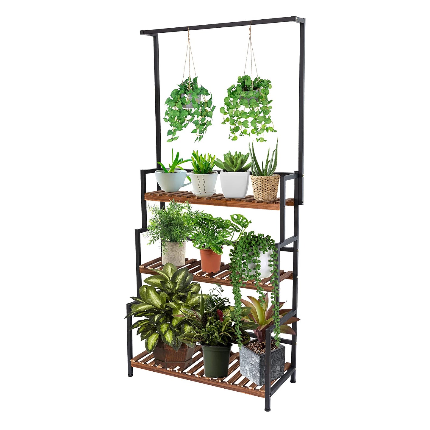 ULIKE Plant Stand Outdoor Indoor Hanging Plant Shelf for Multiple Plants 3 Tier Tall Plant Stand Wood Rack with Metal Frame for Patio Garden Balcony