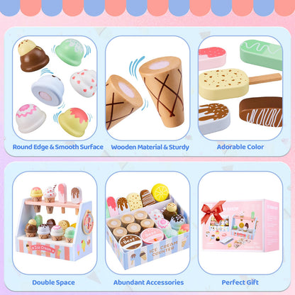 Ehome Wooden Ice Cream Toys Set Pretend Play Food Store for Kids Serve Ice Cream Counter Shop Kitchen Playset with Lucky Wheel, Scoop, Menu, Fake Money for Boys and Girls Ages 3 4 5 6 Birthday Gift