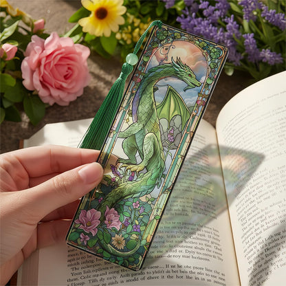 Zaamwoyy 4 Pcs Stained Glass Dragon Bookmarks Gifts for Women Men, Transparent PVC Bookmark with Tassels, Cool Book Lovers Accessories, Unique Reading Book Marks for Bookish Office School