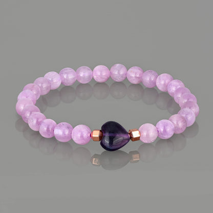 NirvanaIN Kunzite Strech Bracelet With Fluorite Heart Natural Gemstone Handmade Healing Chakra Yoga Bracelet For Women Love (18 cm)