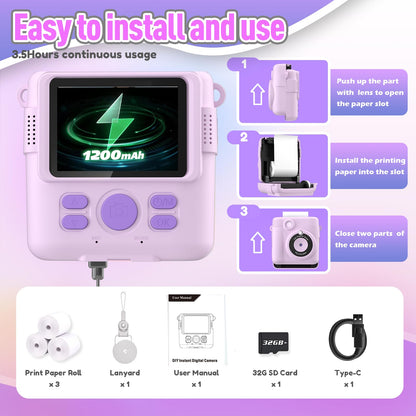 ESOXOFFORE Instant Print Camera for Kids, Christmas Birthday Gifts for Girls Boys Age 3-12,Kids Digital Cameras for Toddler, Portable Toy for 3 4 5 6 7 8 9 10 Year Old Girl with 32GB SD Card-Purple