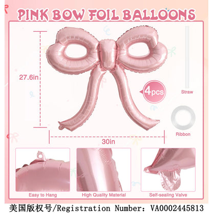 4 Pcs Pink Bow Balloons Bow Party Decorations for Girl Women Pink Bow Birthday Decorations Giant Foil Balloon for Baby Shower Bridal Engagement Wedding Decor Bachelorette Party Supplies