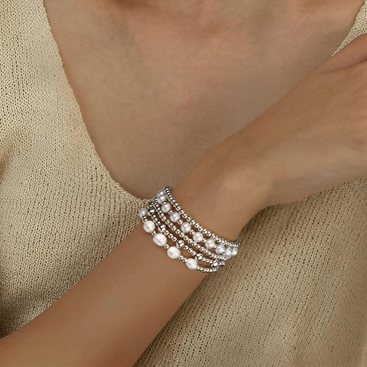 YAKEWA Gold Silver Beaded Bracelets Pack For Women, Adjustable Stretch Pearl Bead Ball Bracelet Stack Set Jewelry Small Gifts For Teen(Silver)