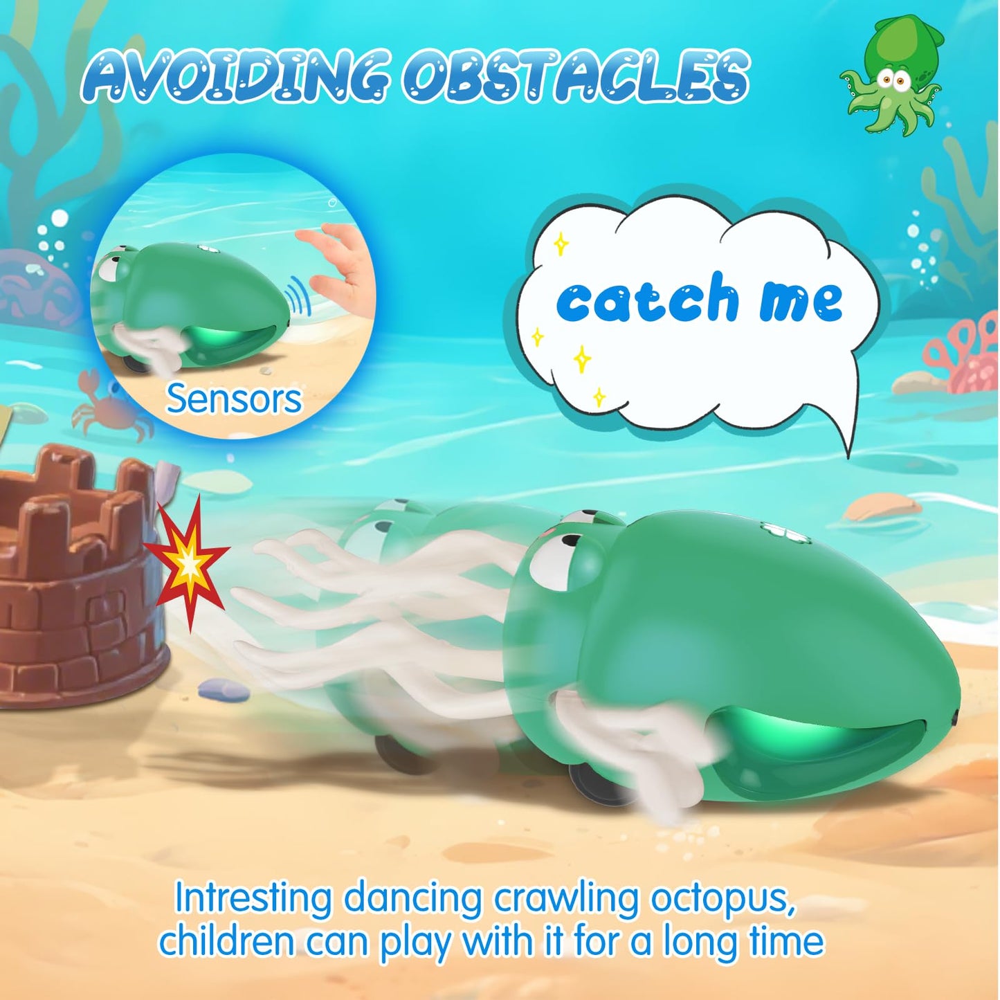AOTIBO Baby Dancing Octopus Toy for 1 2 3 4 5 Year Old Boy Girl, Baby Tummy Time Electric Crawling Octopus Toys 12-18 Months, Dancing Squid Toy for Walking Toddlers, Kids 1st Birthday Gifts, Green
