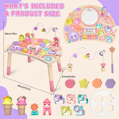Hewaurorion Wooden Activity Table for Toddlers 1-3, Unicorn 10-in-1 Montessori Busy Board with Bead Maze Shape Matching Gears Clock, Sensory Learning Toys for 1 2 3 Year Old Girls Boys Birthday Gift
