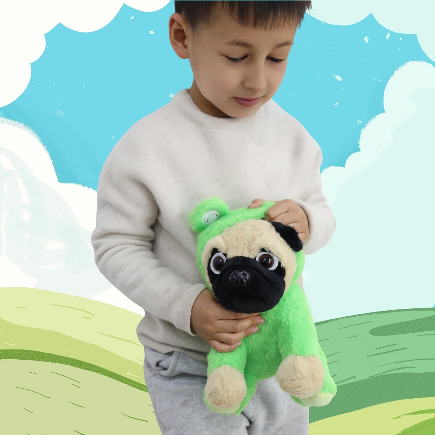 CASAGOOD Pug Frog Stuffed Animal Dog Wearing Frog Costume Plushies Pug Puppy Dressed as Green Froggy Funny Plush Toys Stuffed Puppy Animals for Kids and Lovers 12 Inch
