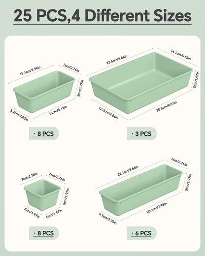 KEMETHY 25 PCS Plastic Drawer Organizers Set, 4 Sizes Vanity Organizer, Makeup and Desk Drawer Organizer Trays, Organization and Storage for Makeup, Bathroom, Kitchen Utensils and Office (Green)