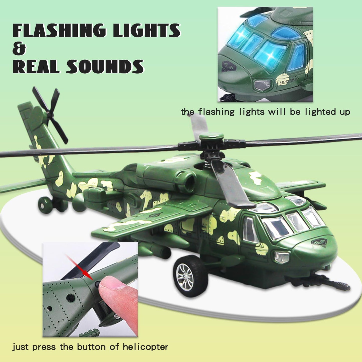 OTONOPI Military Helicopter Toy with Lights and Sounds, Die Cast Metal Airplane Pull Back Army Plane Toys for Kids Children Boys Girl