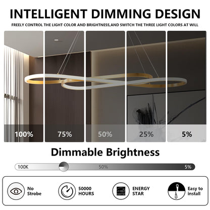 Gold Led Chandelier for Kitchen Island Lighting,Dimmable Modern Chandelier for Dining Room, L39.4" Modern Led Pendant Light Fixture Height Adjustable Brushed Gold Dining Room Light Fixture Over Table
