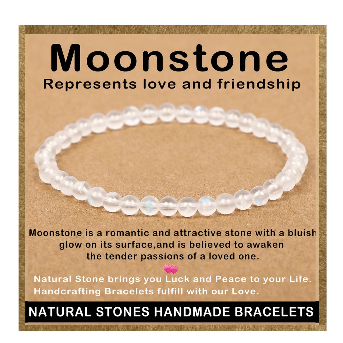 AD Beads Handmade Gemstone Stretch Elastic Bracelet Crystal Healing Reiki Nature's Beauty and Spiritual Essence Unisex (4mm, Moonstone (Love and Friendship))