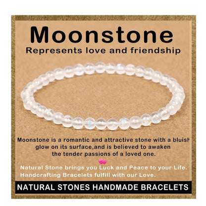 AD Beads Handmade Gemstone Stretch Elastic Bracelet Crystal Healing Reiki Nature's Beauty and Spiritual Essence Unisex (4mm, Moonstone (Love and Friendship))