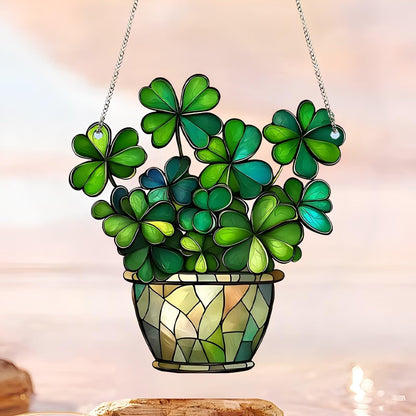 1PC Shamrock in Pot Acrylic Suncatcher Hanging, 7.08 inch Window Decor with Printed Stained Glass Style Design, Rainbow Maker Wall Art, Gift Idea & Garden Ornament Indoor Outdoor Use/ZW-02