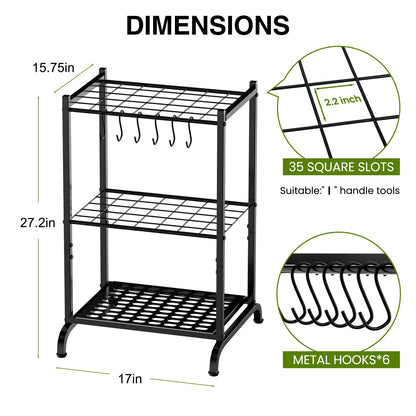 RANXFLOAT Garden Tool Organizer with Storage Hooks, Yard Tool Tower Rack for Garage Organization and Storage, Up to 35 Long-Handled Tools, Metal Tool Holder with 6 Hooks, Black