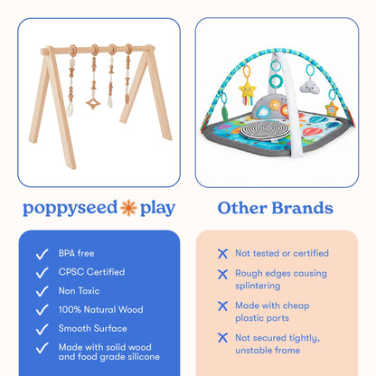 Poppyseed Play Wooden Baby Play Gym | Montessori-Inspired Activity Center with 4 Hanging Toys | Natural Wood & Silicone | Ideal for Tummy Time, Sensory Play & Motor Skill Growth | 0-12 Months