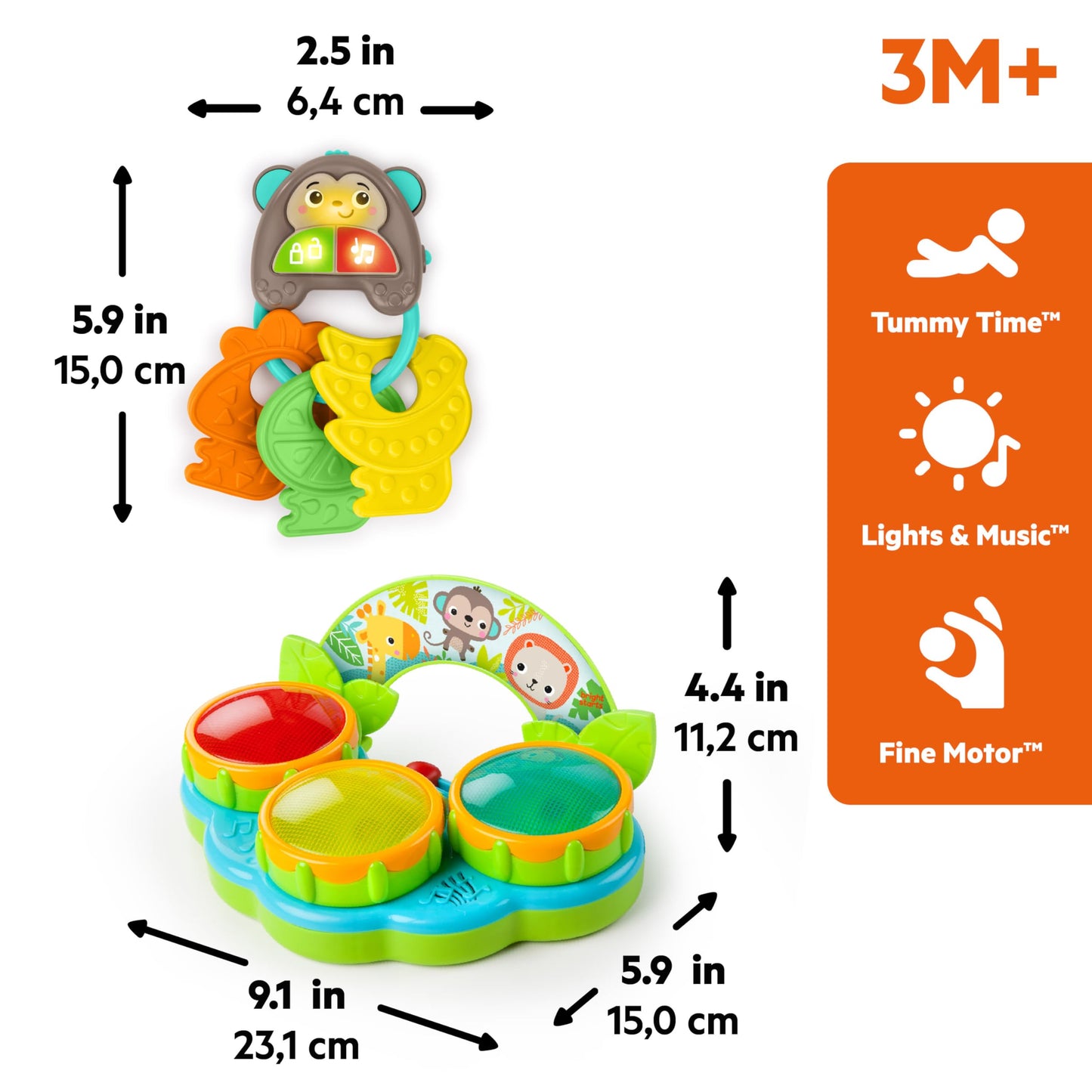 Bright Starts Safari Sounds Gift Set, 2-PK Baby Toys for On The Go, Musical Drum Toy and Car Keys Toy with Car Sounds, Unisex Jungle Theme, 3-6 Months and Up