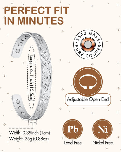 Feraco Copper Bracelet for Women, 12X Ultra Strength Magnetic Bracelets, 99.99% Pure Copper Cuff Bangle with 3500 Gauss Neodymium Magnets & Sparkling Cubic Zirconia, Silver