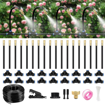 HEKIWAY 60FT Drip Irrigation System for Garden – Automatic Watering Kit with Solid Brass Metal Connectors, 360° Bendable Tubing &16 Adjustable Nozzles for Greenhouse, Lawn, Yard & Plants