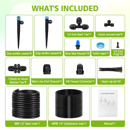 Kafuzi 230FT New Quick-Connect Drip Irrigation System Kit, Automatic Garden Watering Misting System for Greenhouse, Yard, Lawn, Plant with 1/2 inch Hose 1/4 inch Distribution Tubing and Accessories