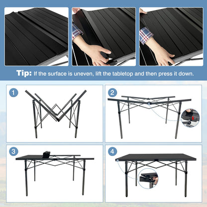 WKFAMOUT 29.9" Tall Folding Camping Table for 2-6 Person, 54.7" Large Aluminum Foldable Roll-up Table Outdoor with Carry Bag for Picnic, Camp, Sturdy, Backyard, Patio