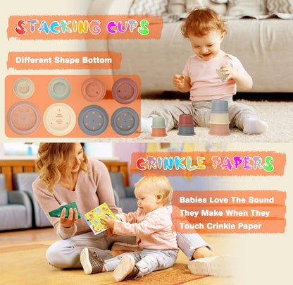 Baby Toys 6 to12 Months, 7 in-1 Montessori Toy for 6-9-12-18 Month Old with Pull String Toy, Sensory Bin Toys, Stacking Baby Blocks & Soft Infant Ring & Sensory Ball, Stacking Cups for Toddler 1-3Gift