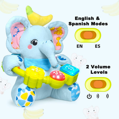 Ryotagift Baby Bilingual Musical Elephant Stuffed Animals Toys,Infant Early Learning Toy with Light-Up Music & Crinkle,Tummy Time Toys for 0 3 6 9 12+ Months for Baby Boy Girl Gift,Blue