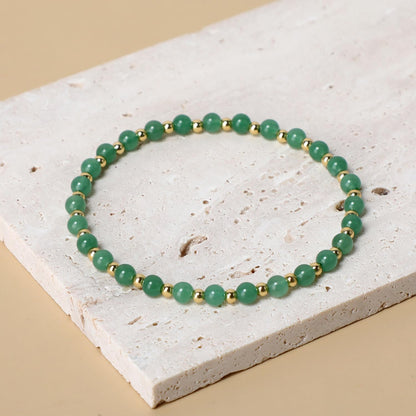 QOGIR Green Aventurine - Prosperity - 14K Gold Plated Beads Natural Gemstone Stretch Elastic Dainty Healing Beaded Bracelets Gifts 4mm