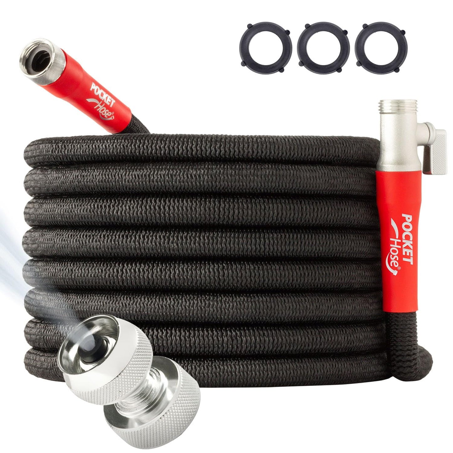 Pocket Hose 100 FT Silver Bullet 2.0 Expandable Garden Hose w/Turbo Shot Nozzle, AS SEEN ON TV, Lead-Free, Solid Aluminum Connectors, Easy On/Off Valve, Kink-Free, Leak-Proof