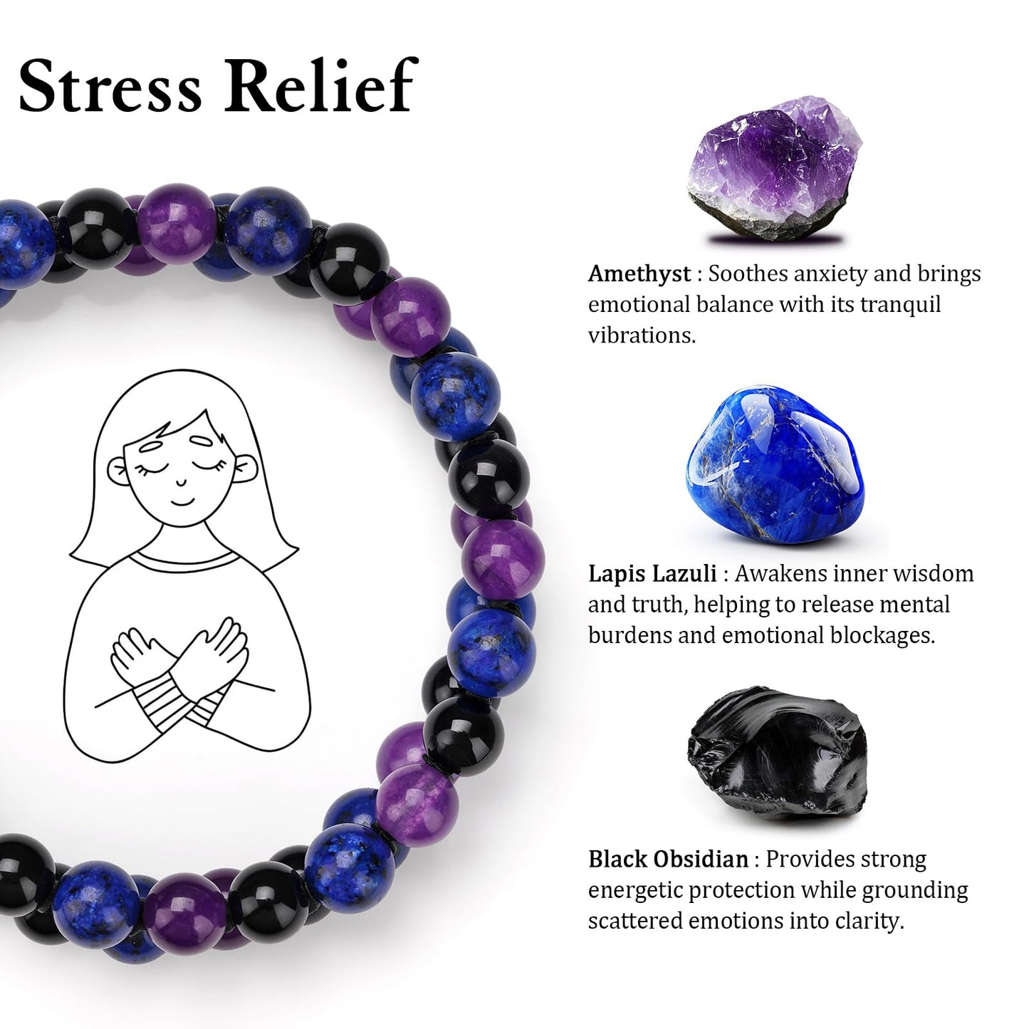 Raicegs Stress Relief Bracelet Natural Stones Amethyst Lapis Lazuli Black Obsidian Beaded Bracelet for Men Women Healing Crystal Bracelet