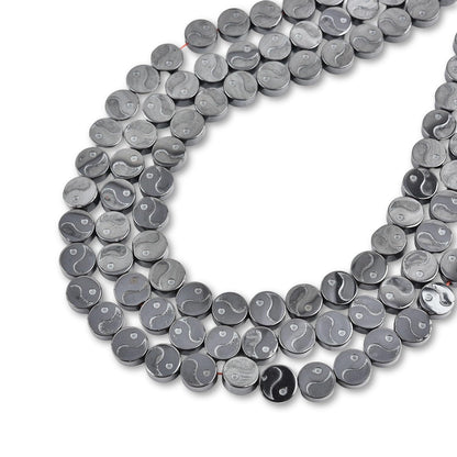 HAAMIIQII 50pcs 8mm Natural Black Hematite Loose Gemstone Beads Yin Yang Coin Shape Spacer Stone Beads for Jewelry Making DIY Bracelets Necklaces Crafting