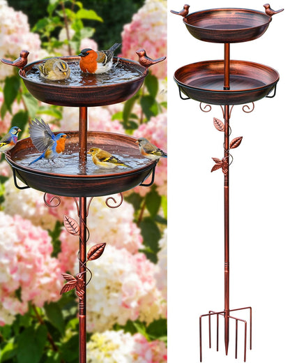 TLEYTOA Metal Bird Bath for Outside - Outdoor Garden Decor Birdbath 2-Tier Water Bowl with Copper Finish Stake Adjustable Height 45'' Tall for Yard