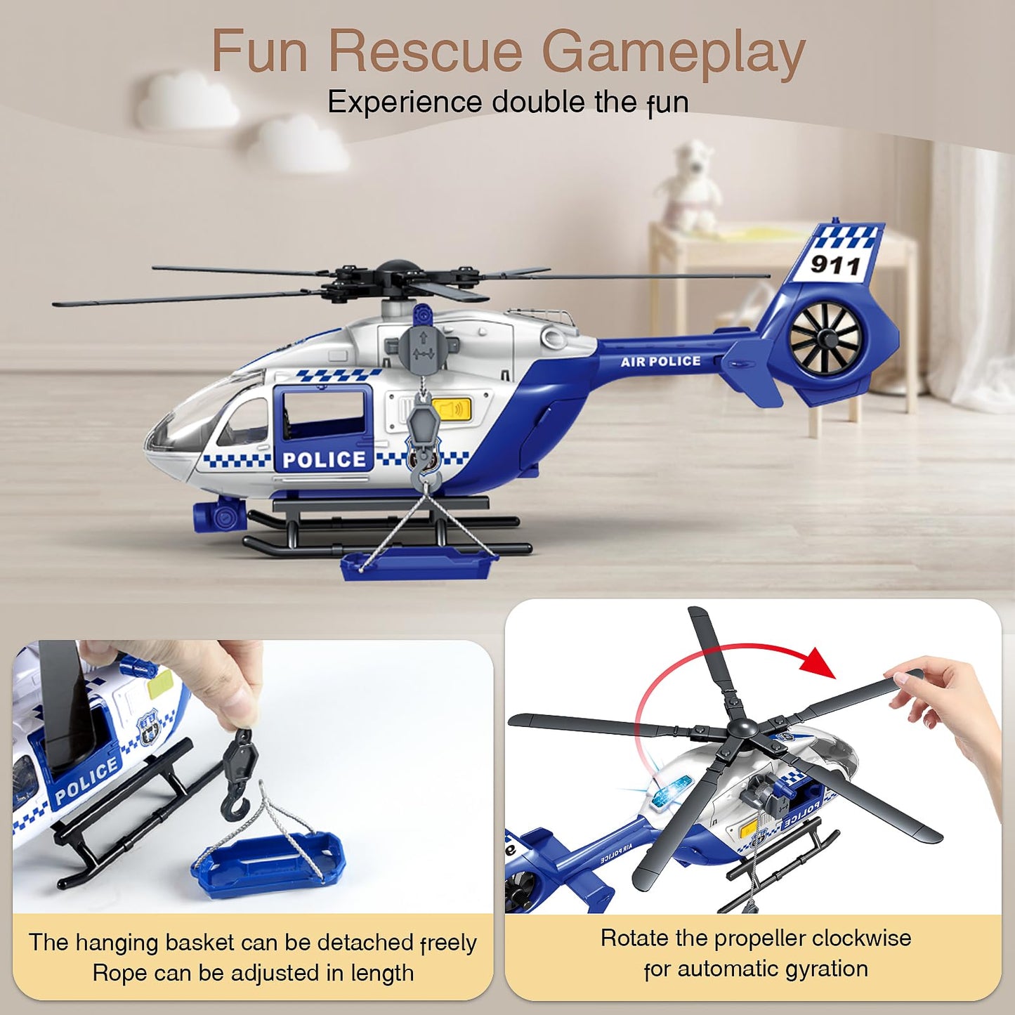 XUEXUE Large Police Helicopter Toy 15 Inch, Kids Helicopter with Crane & Hanging Tray, Toy Helicopter with Lights and Sounds, Helicopter Toys for Kids 3-5, Birthday Gift for Boys Age 3-7