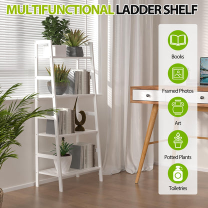 Thalomely Bamboo White Bookshelf, 4-Tier Ladder Shelf Freestanding Space Saver Open Bookcase Book Shelf, Bamboo Storage Shelving Unit Flower Plant Stand for Living Room, Bathroom, Home Office