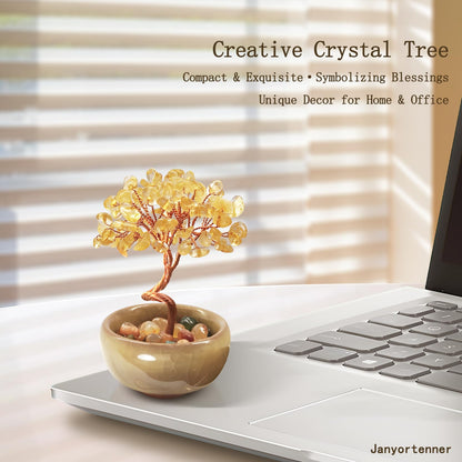 Janyortrenner Mini Citrine Crystal Money Tree,Wealth Home Office Desk Decor,Handmade Copper Wire in Crackle Ceramic Base,Feng Shui Office Gift