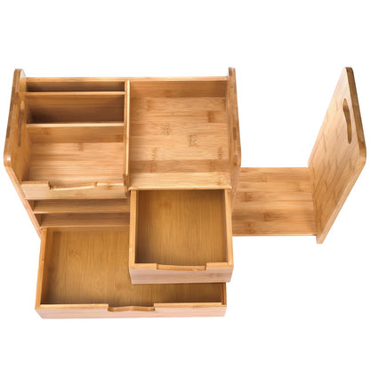 ZOOFOX Bamboo Desk Organizer with Adjustable File Holder, Mail Organizer Countertop with Drawer, 4-Tier Desktop Organization and Desk Accessories for Home Office School Supplies, No Assembly Required