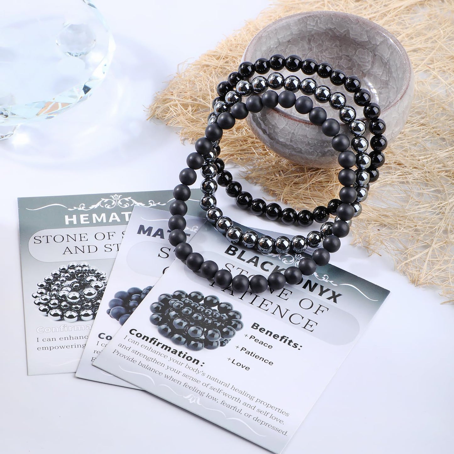 NCB 3-Piece 6mm Natural Crystal Gemstone Stretch Bracelets – ﻿Black Onyx, Hematite, Matte Black Agate Handmade Reiki Energy Healing Jewelry for Meditation,Yoga, Unisex