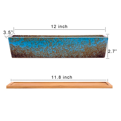 ARTKETTY Succulent Pots - Large Succulent Planter Pots with Drainage, 12 Inch Long Rectangle Bonsai Pot with Bamboo Tray Shallow Ceramic Cactus Flower Planter Window Box for Home Garden Decor (Blue)