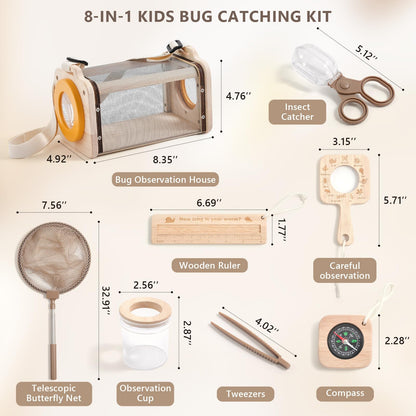 Montessori Wooden Bug Catcher Kit for Kids - 8-in-1 Outdoor Explorer Set with Habitat, Net & Magnifying Glass STEM Learning Toys for Ages 3-8 Nature Gift for Boys & Girls