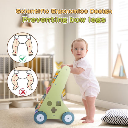 LOL-FUN Wooden Baby Walker with Wheels, Baby Walker for Boys 12 Months Push Toy, Montessori Walking Toys for 1 Year Old Activity Center