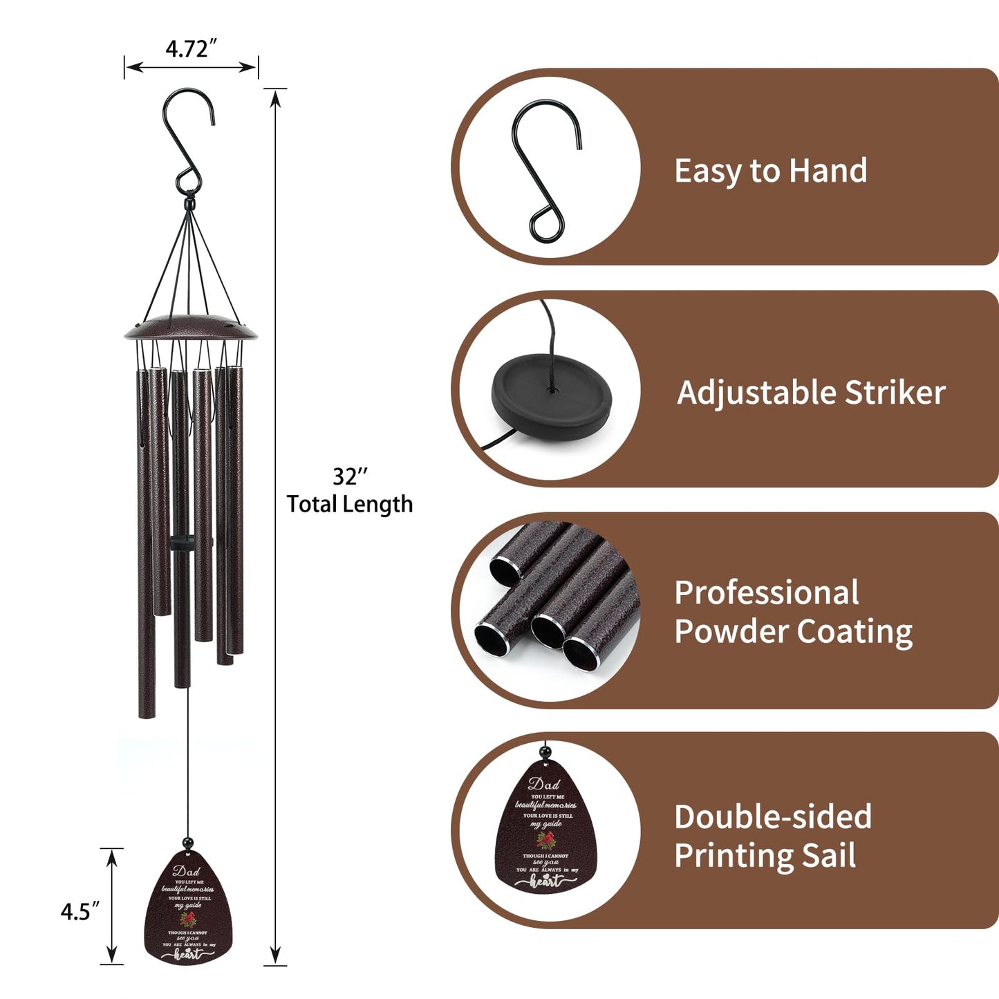Cardinal Memorial Wind Chimes for Loss of Father, 32" Large Sympathy Windchimes for Outside Deep Tone, Best Bereavement Remembrance Memory Funeral Gifts for Loss of Dad