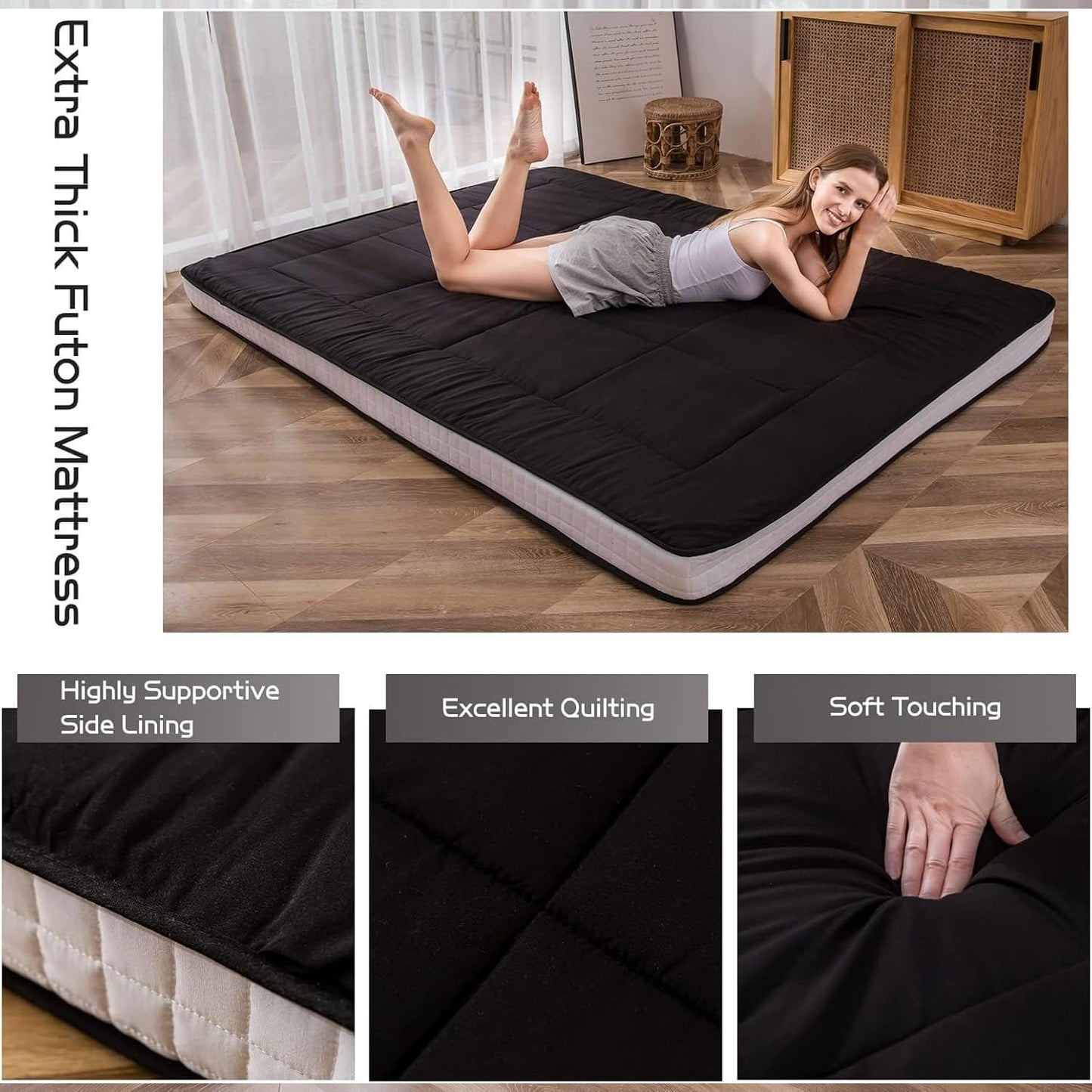 MAXYOYO Futon Mattress, Padded Japanese Floor Mattress Quilted Mattress Topper, Extra Thick Folding Sleeping Pad Breathable Floor Lounger Guest Couch for Camping, Black, Twin