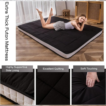 MAXYOYO Futon Mattress, Padded Japanese Floor Mattress Quilted Mattress Topper, Extra Thick Folding Sleeping Pad Breathable Floor Lounger Guest Couch for Camping, Black, Twin